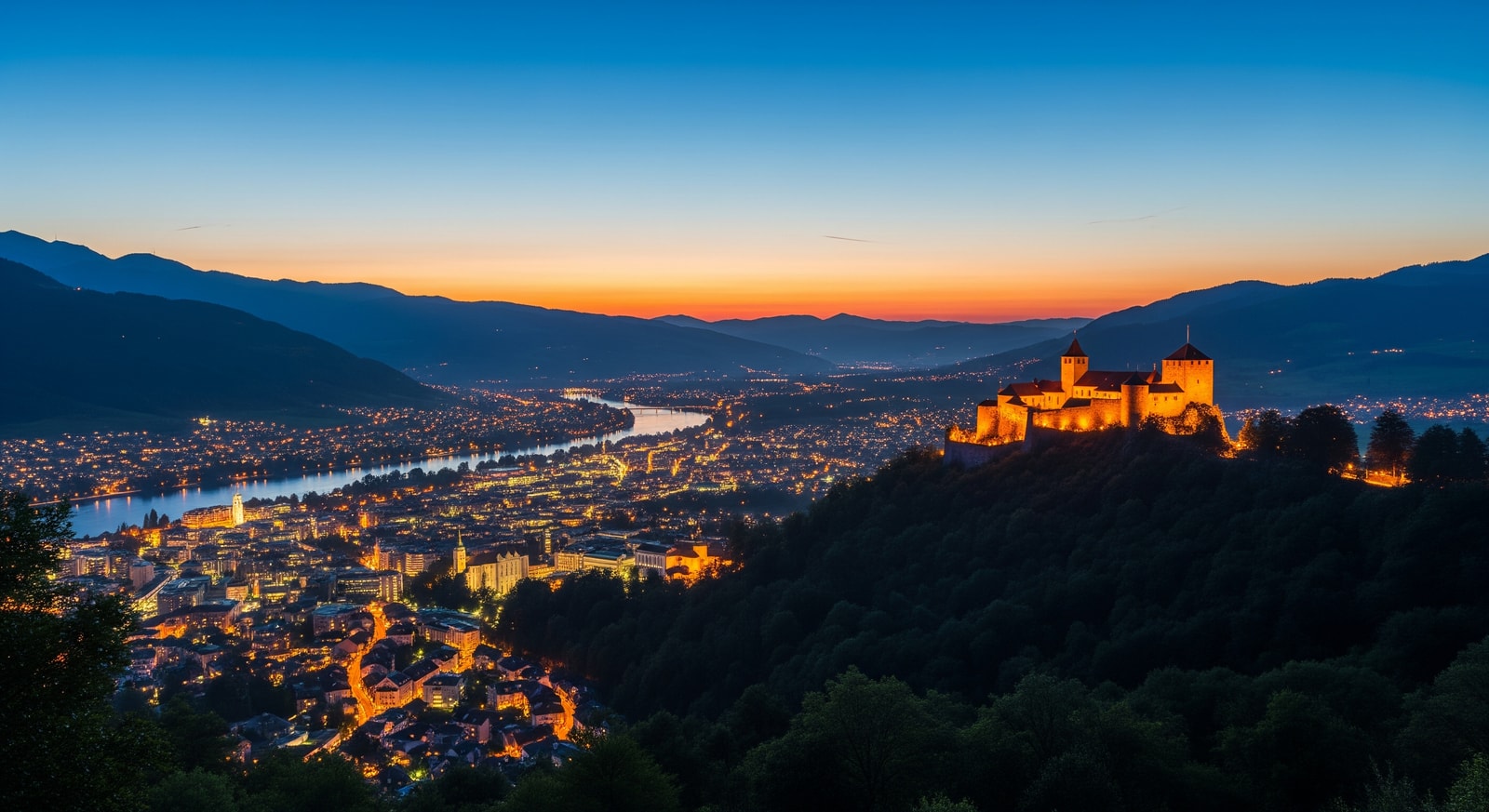 Vaduz Castle illuminated at dusk with the capital city lights twinkling below in the Rhine Valley
