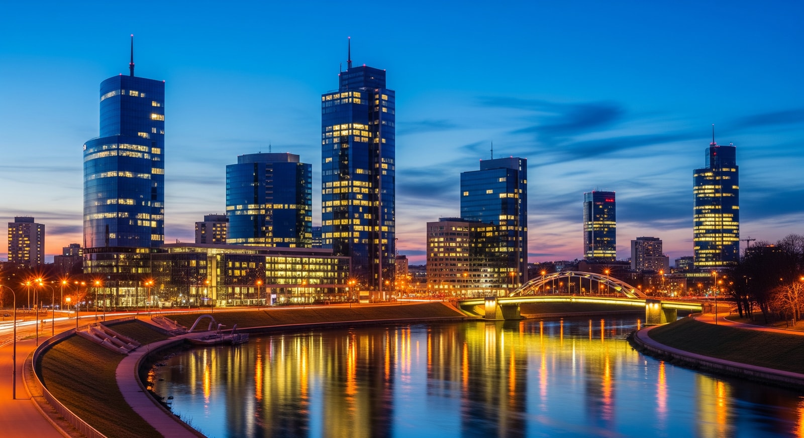 Modern Vilnius business district with glass office towers and the Neris River at twilight
