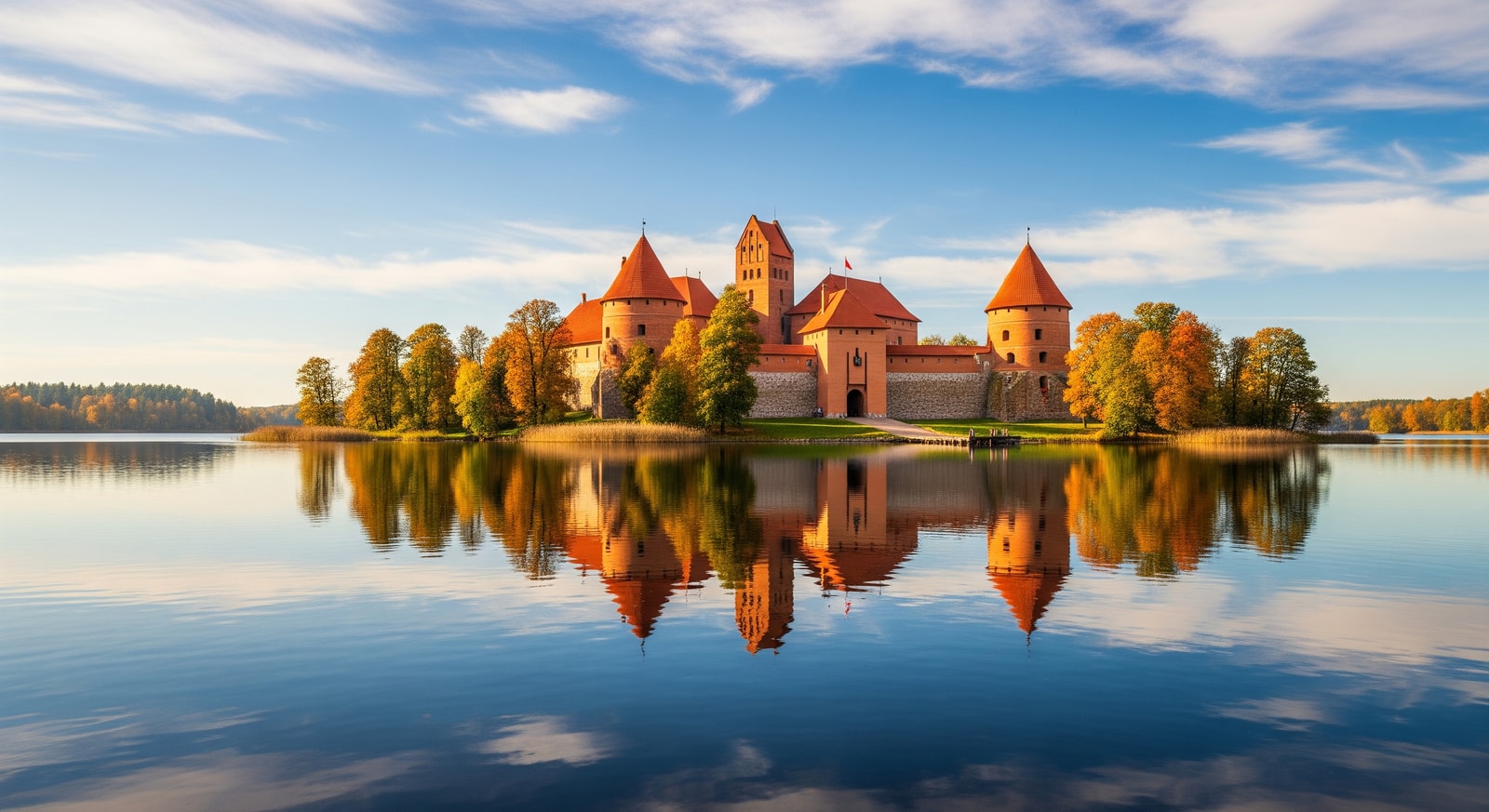 Magnificent red-brick Trakai Island Castle on Lake Galve surrounded by autumn foliage