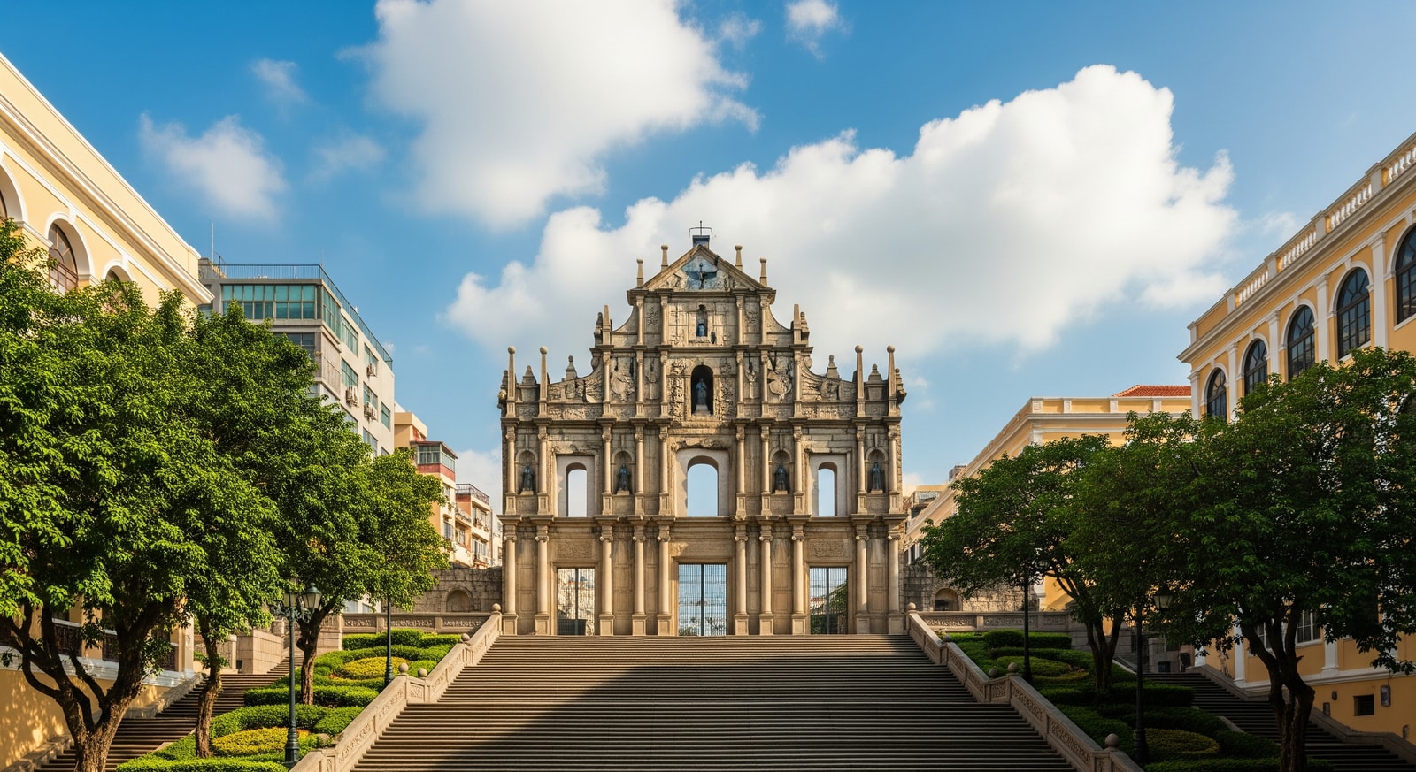 The iconic Ruins of St. Paul's facade standing tall against blue sky in the historic center of Macao