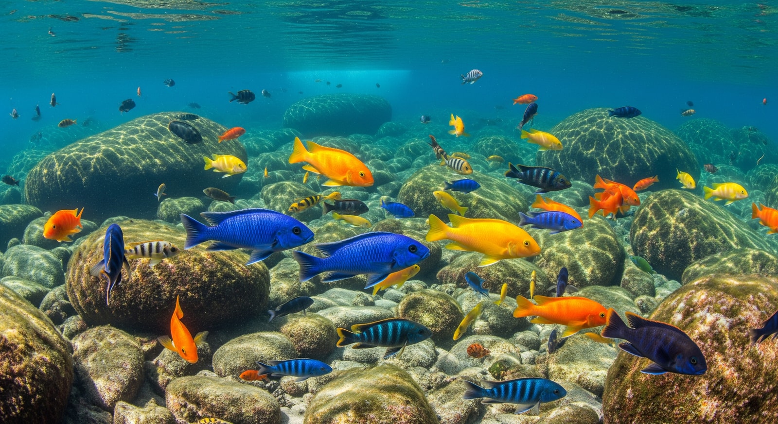 Colorful cichlid fish swimming among rocks in the crystal clear waters of Lake Malawi