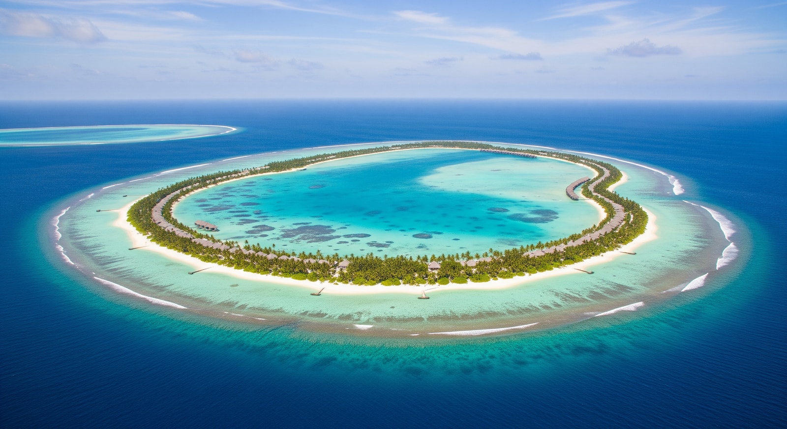 Aerial view of a Maldivian atoll showing ring of islands surrounding turquoise lagoon