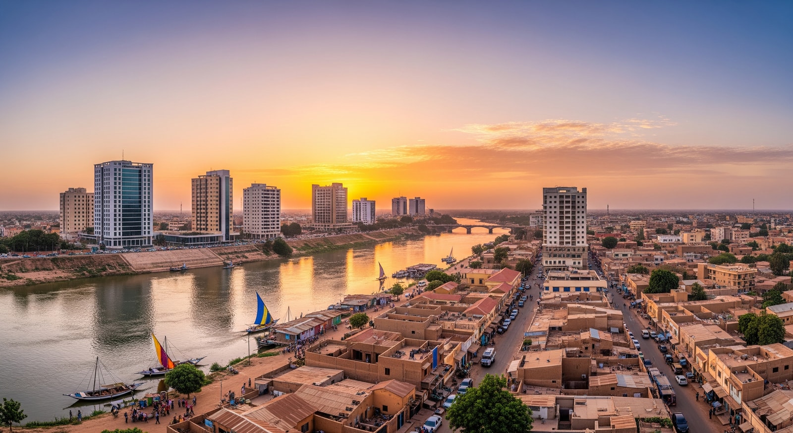 Panoramic view of Bamako city with the Niger River flowing through and modern buildings alongside traditional neighborhoods