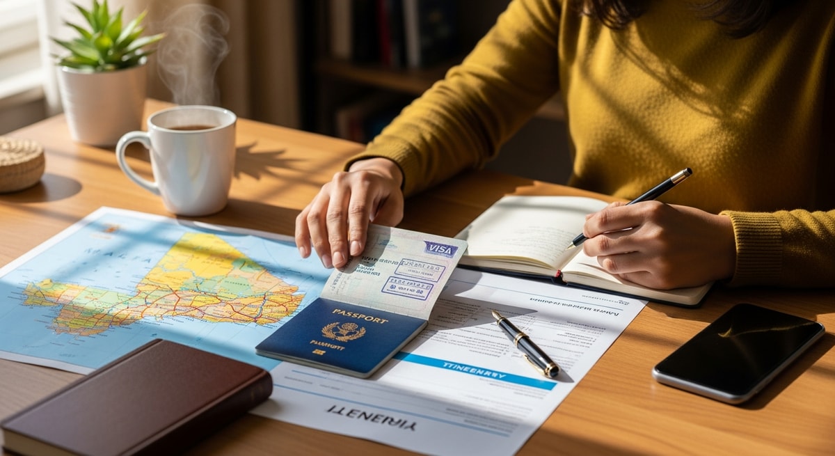 Traveler planning their Mali adventure with passport and travel documents on a desk