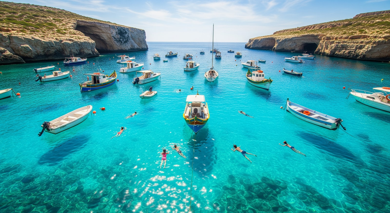 Crystal-clear turquoise waters of the Blue Lagoon in Comino with boats and swimmers