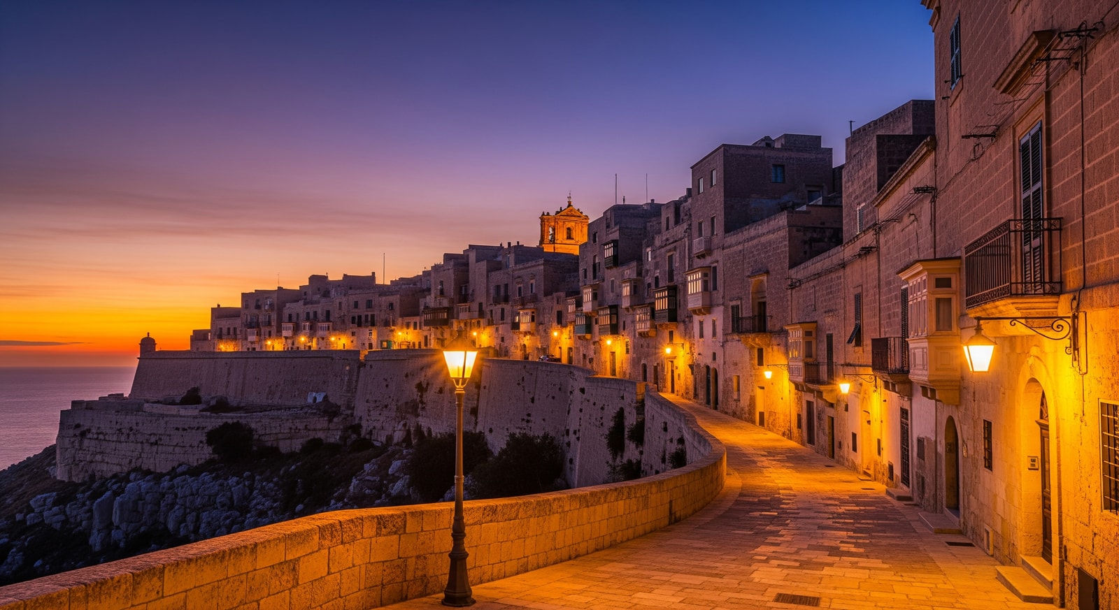 The ancient walled city of Mdina at dusk with its medieval architecture and narrow atmospheric streets