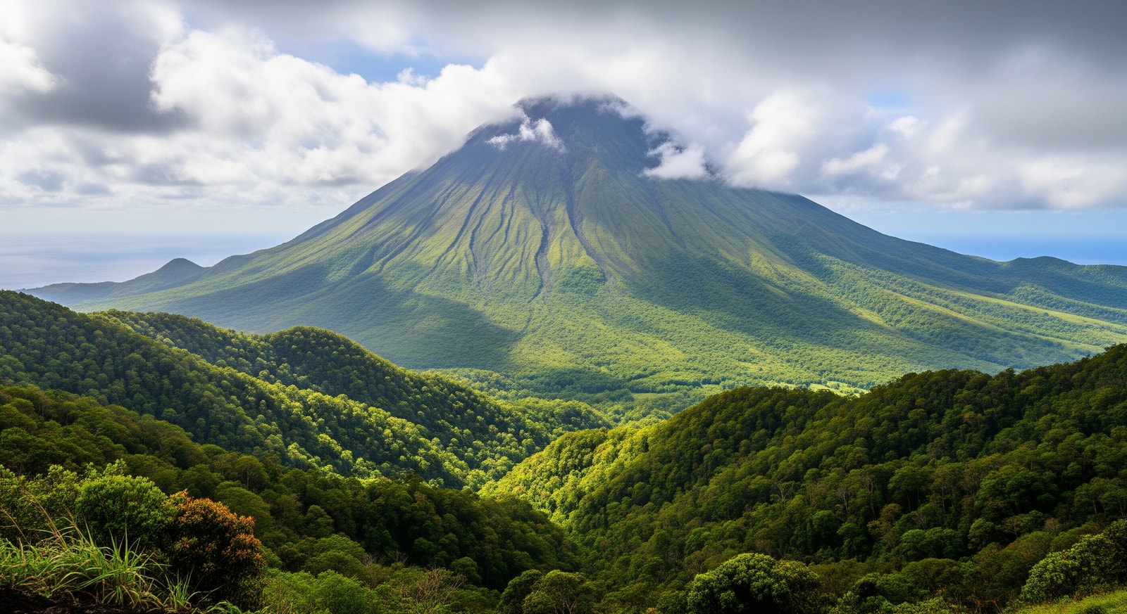 Mount Pelee volcano shrouded in tropical clouds rising above the northern Martinique landscape