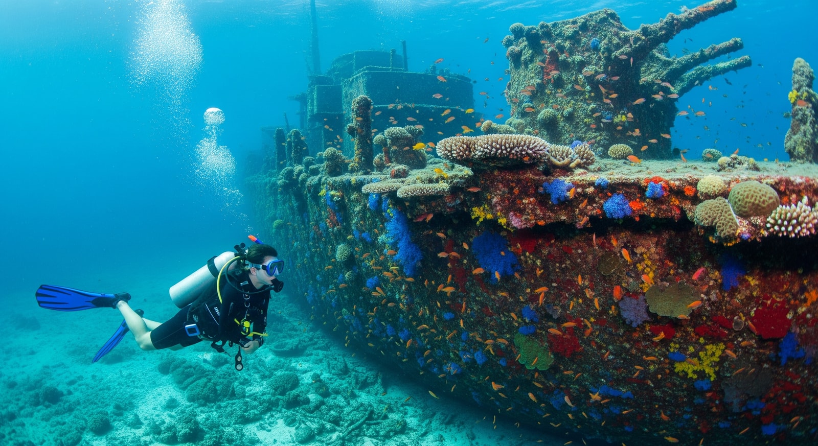 Scuba diver exploring a WWII Japanese shipwreck covered in coral in Chuuk Lagoon underwater