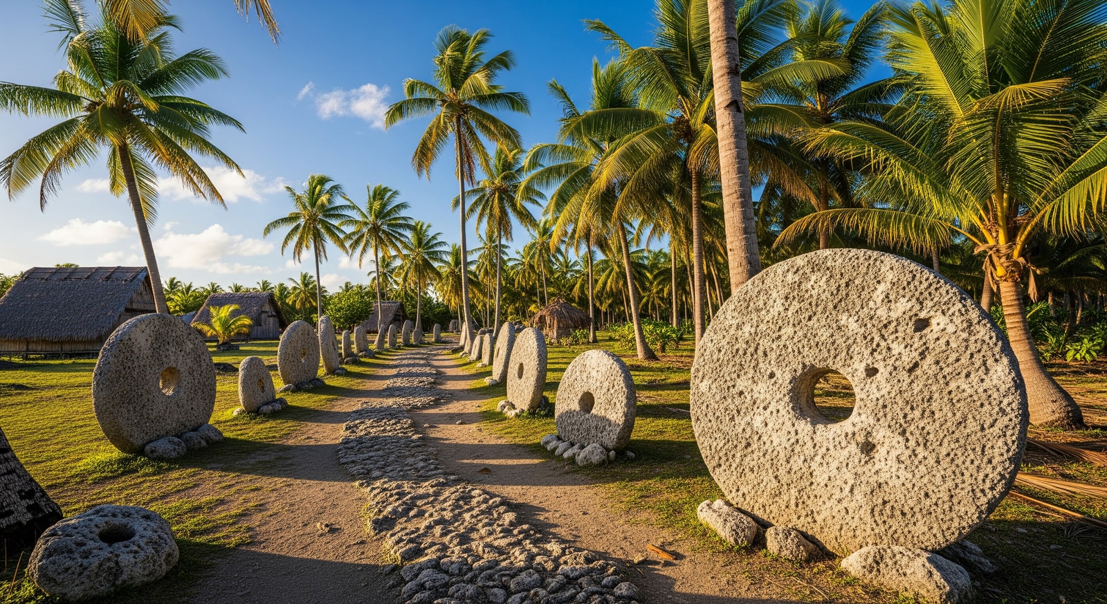 Traditional Yapese stone money (Rai stones) displayed along a village path surrounded by palm trees in Yap