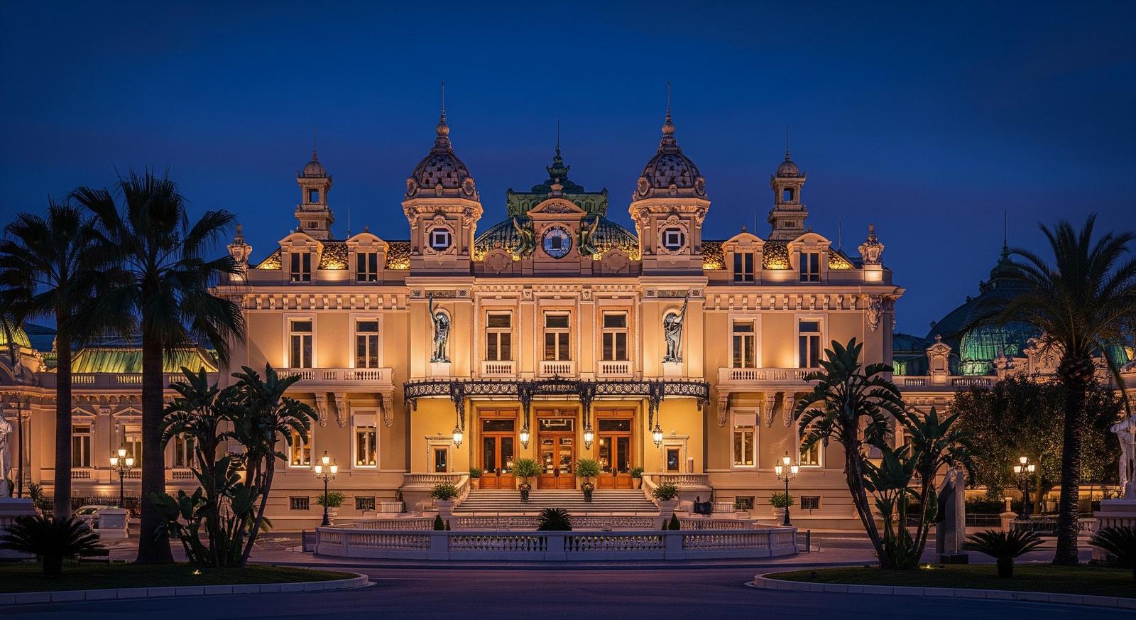 The famous Monte Carlo Casino illuminated at night with its Belle Époque architecture