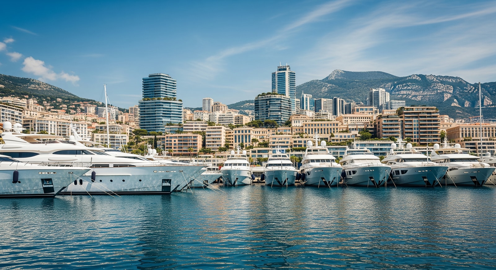 Port Hercules in Monaco filled with superyachts against the backdrop of luxury apartment towers