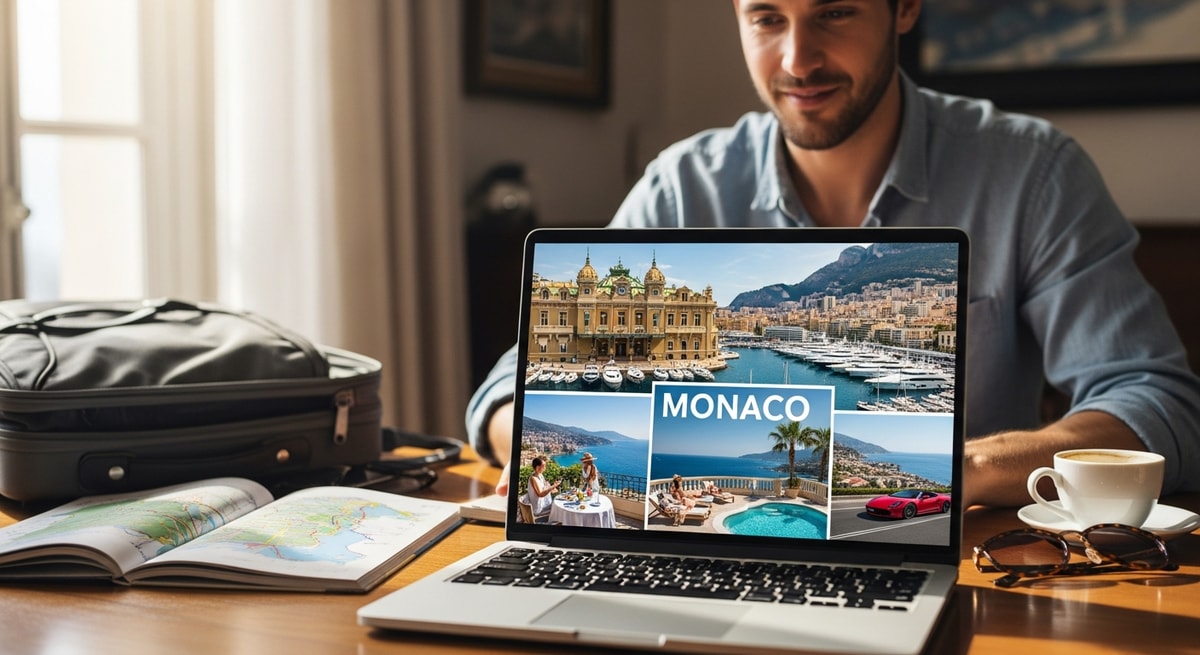 Traveler planning Monaco trip with laptop showing Monte Carlo landmarks