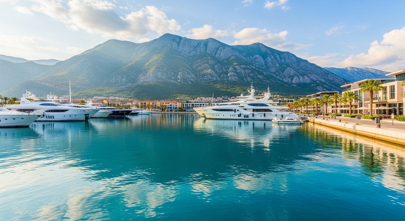 Luxury yachts moored at Porto Montenegro marina in Tivat with mountain backdrop and modern waterfront promenade