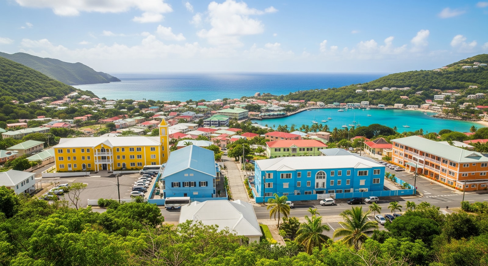 Colorful government buildings in Brades the de facto capital of Montserrat