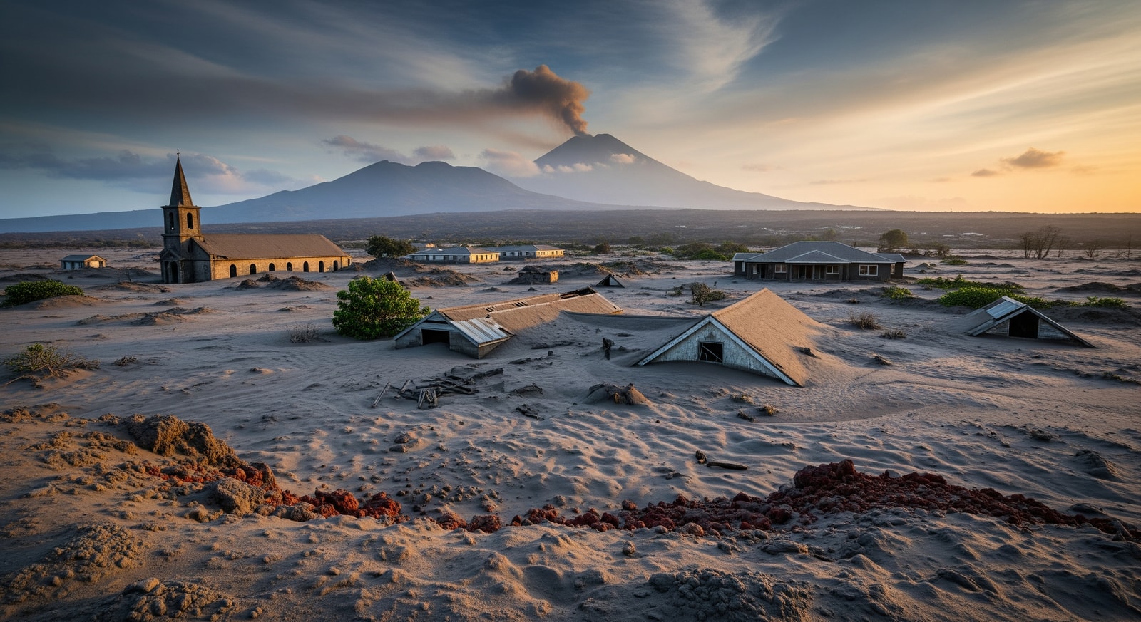 Abandoned buildings in Plymouth buried under volcanic ash from the Soufriere Hills eruption