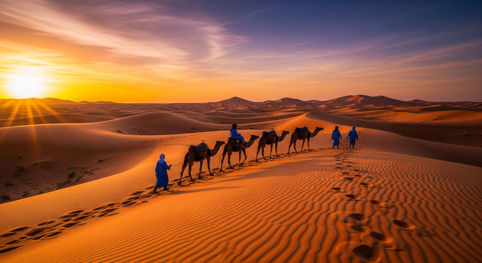 Camel caravan crossing golden sand dunes of the Sahara Desert at sunset near Merzouga