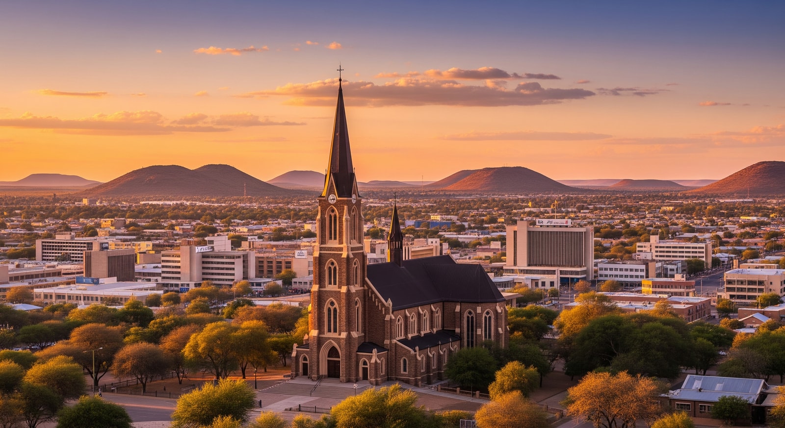Christuskirche Lutheran church with Windhoek city center and surrounding hills at golden hour