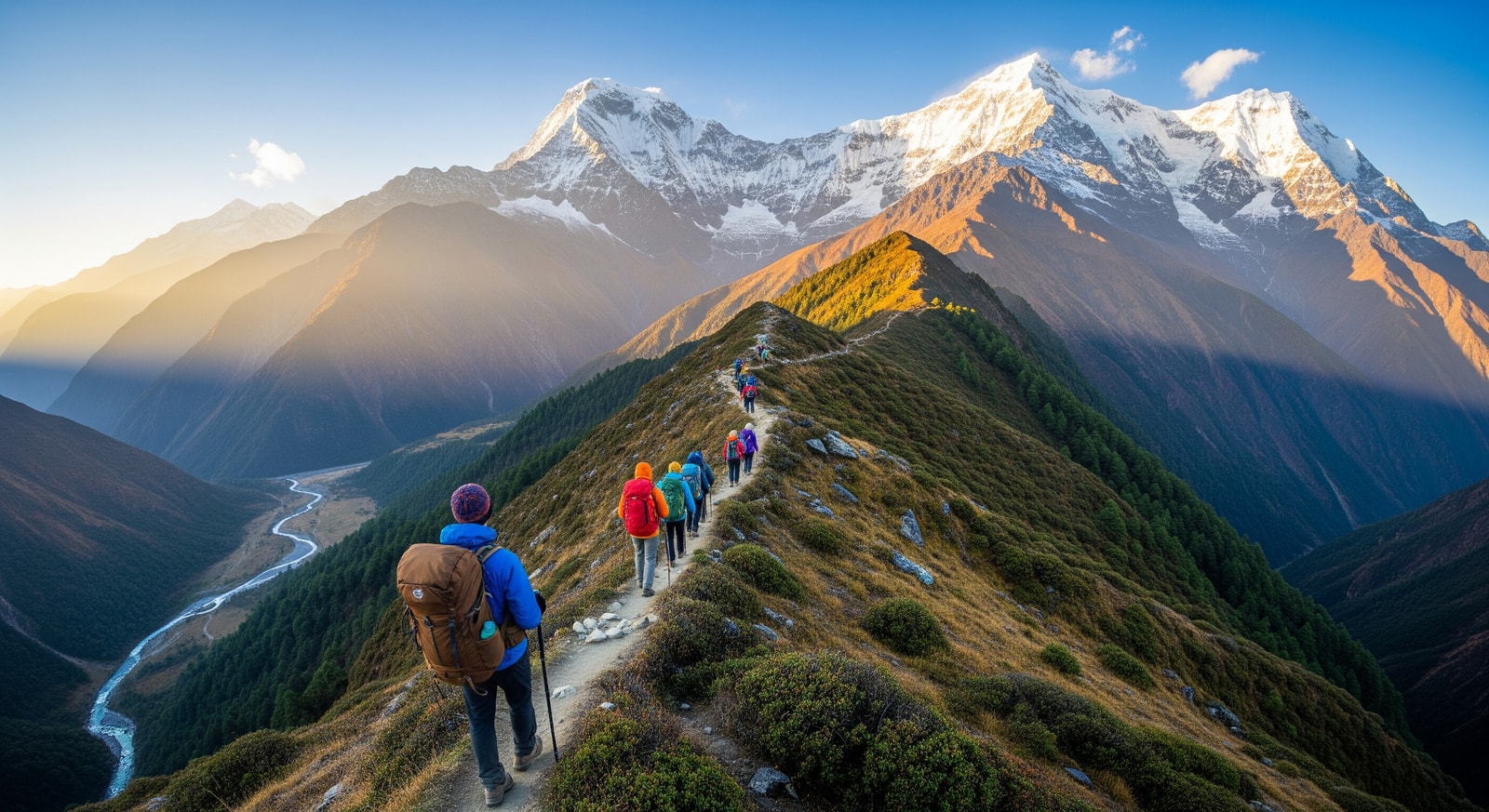 Trekkers ascending mountain trail with panoramic views of Annapurna range in clear morning light