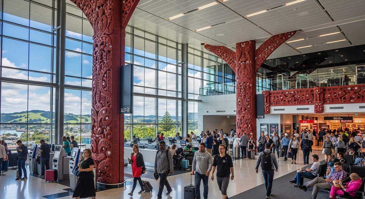 Modern Auckland International Airport terminal with travelers and Maori design elements