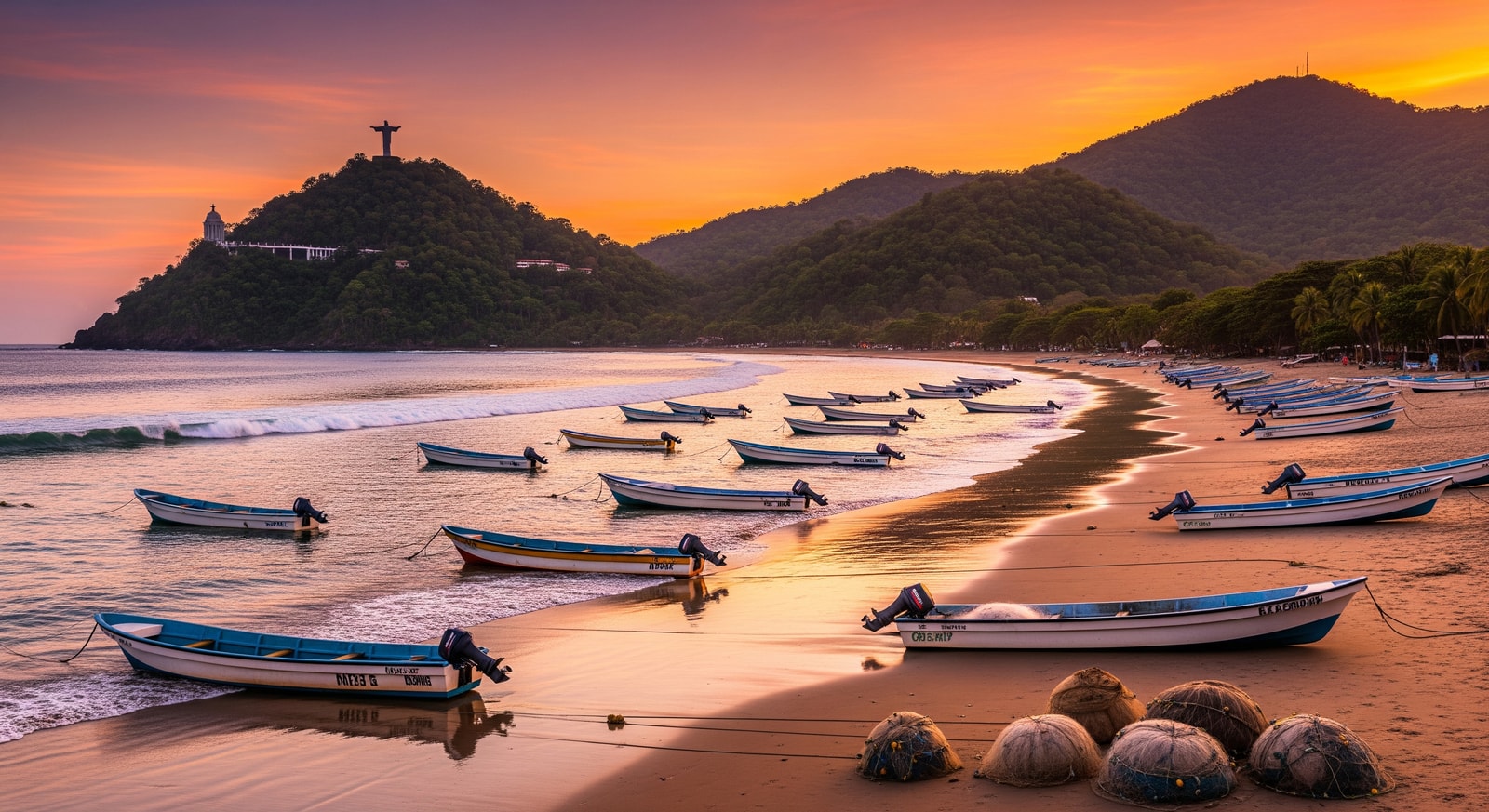 San Juan del Sur beach with fishing boats and surrounding hills