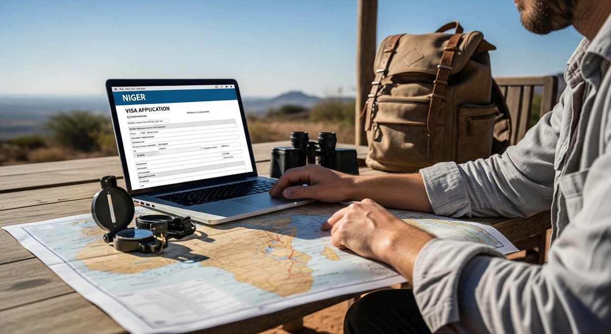Traveler using laptop to apply for Niger visa while planning Sahara desert expedition