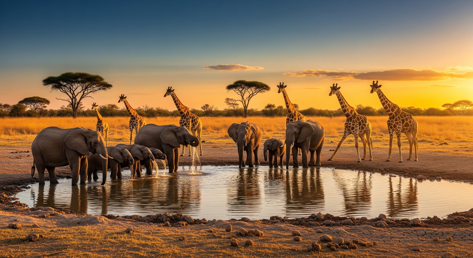 Elephants and giraffes gathering at a waterhole in W National Park during dry season