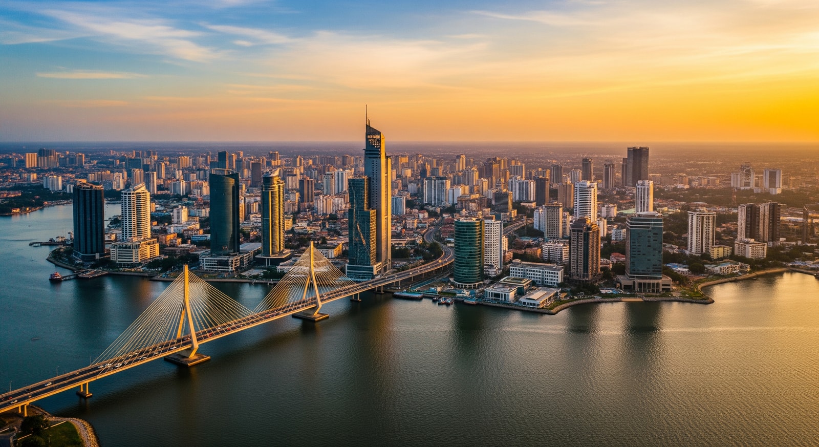 Aerial view of Lagos Island with modern high-rise buildings and the famous Lekki-Ikoyi Link Bridge at golden hour