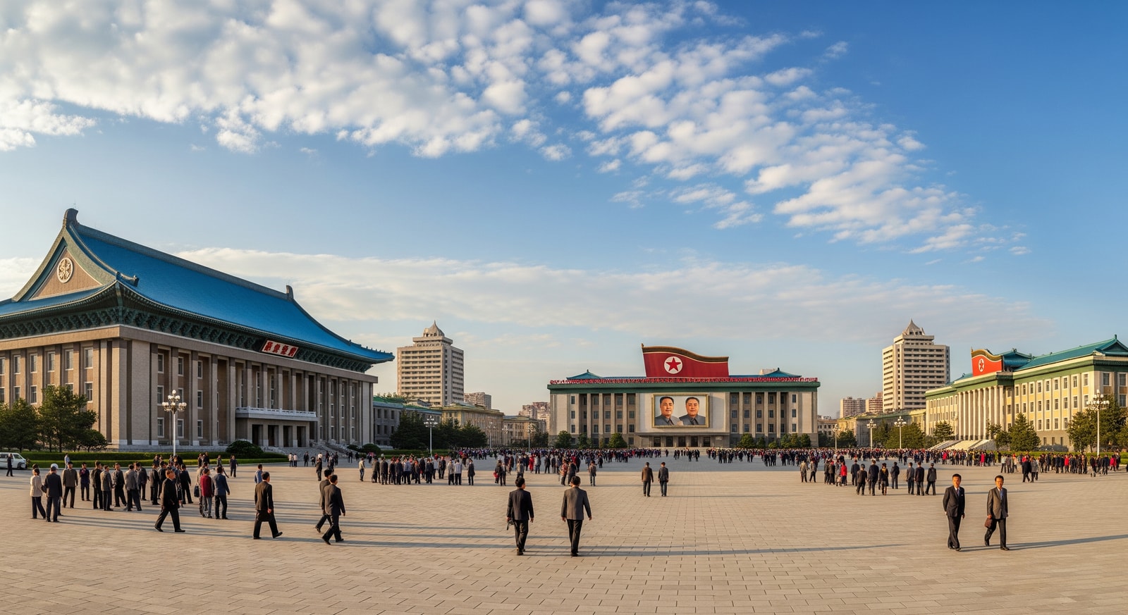 Kim Il Sung Square in Pyongyang with government buildings and citizens