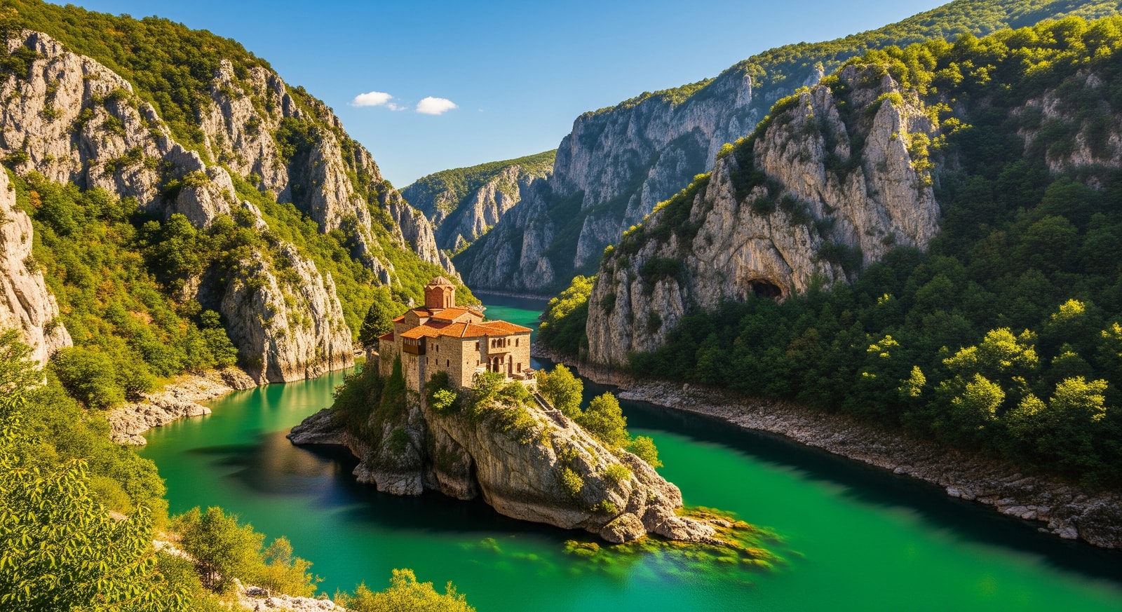 Matka Canyon with emerald green waters surrounded by steep cliffs and medieval monastery on the shore