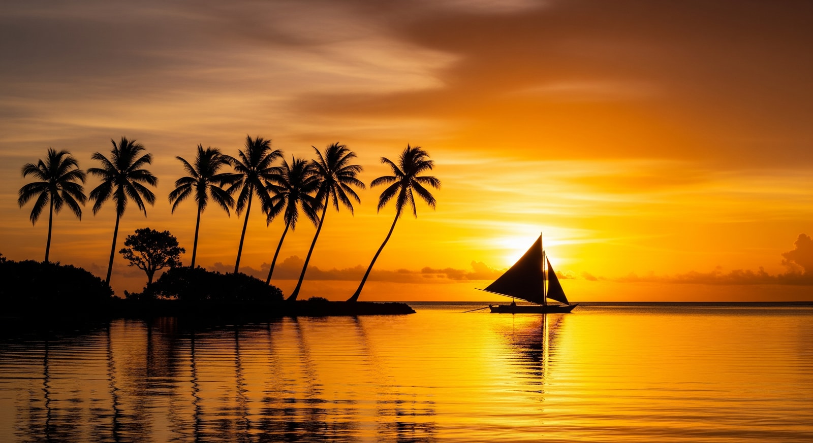 Spectacular golden sunset over Saipan lagoon with silhouettes of palm trees and traditional fishing boat