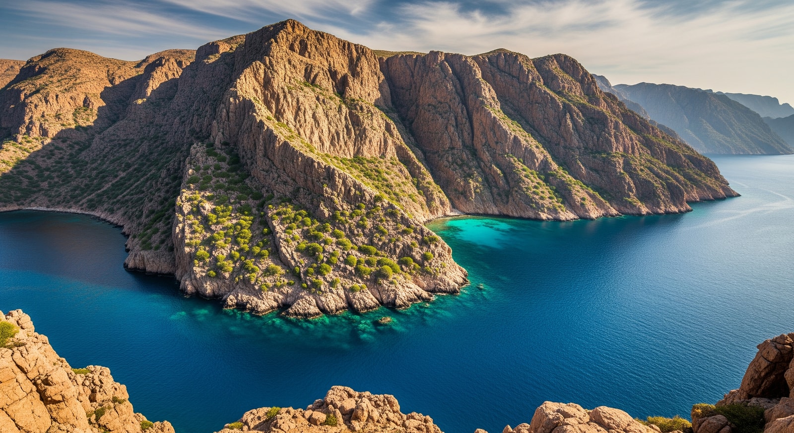 Dramatic fjords of Musandam Peninsula with crystal clear turquoise waters and rocky cliffs