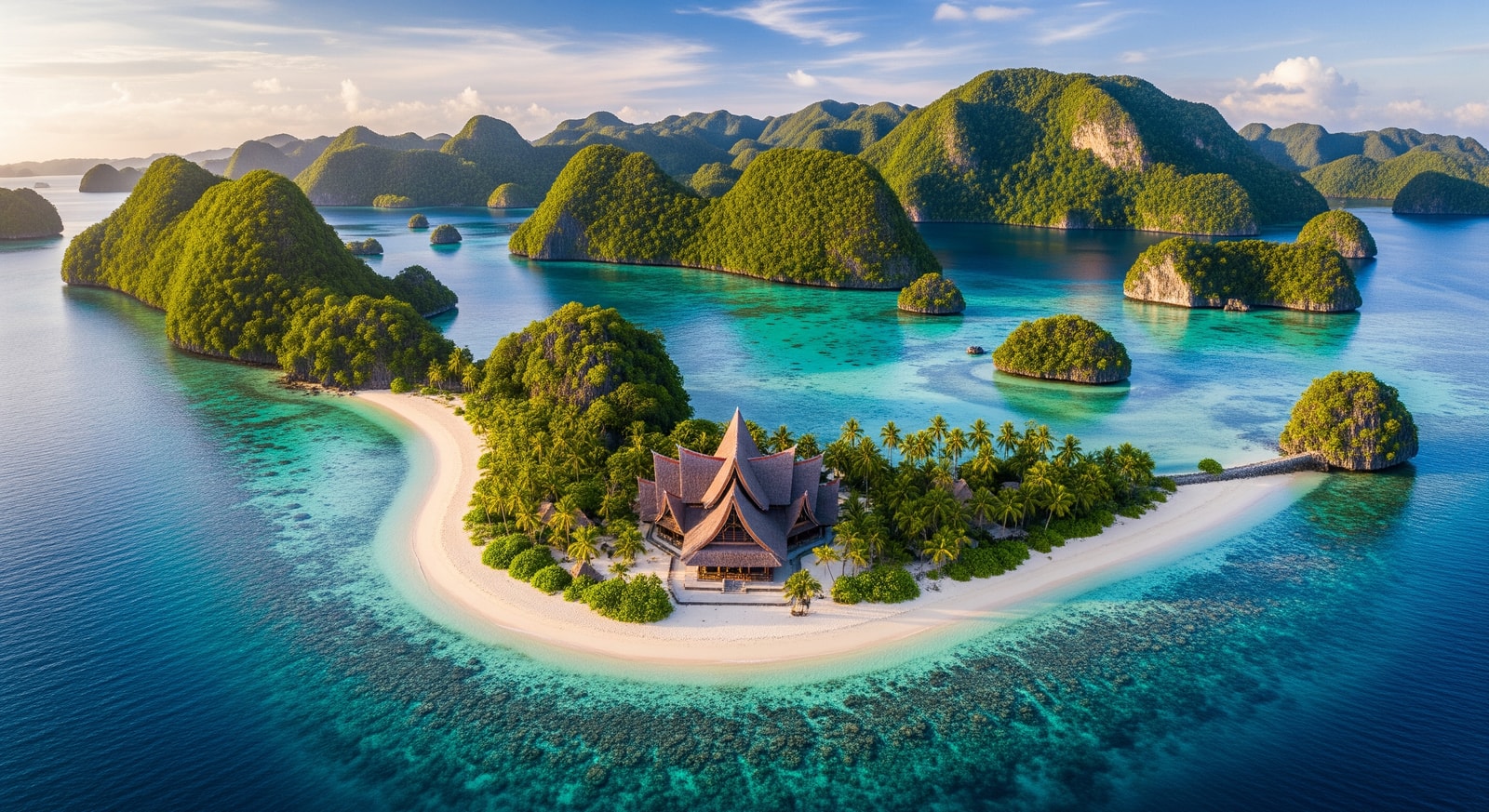 Breathtaking aerial view of Palau's seventy islands with traditional bai meeting house on shoreline