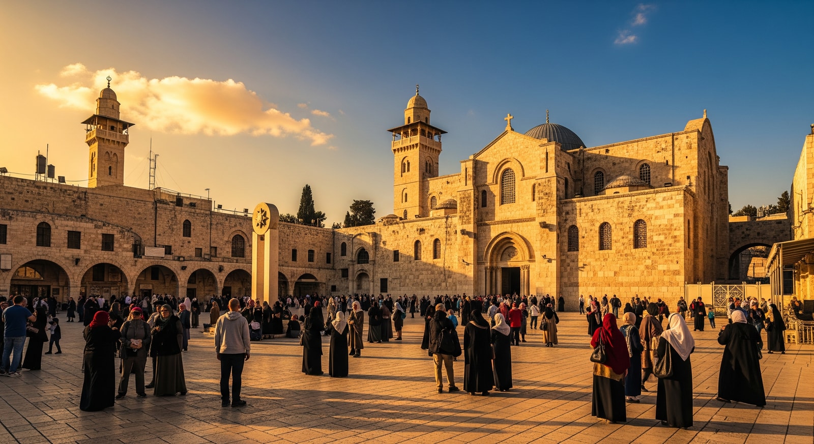 The Church of the Nativity in Bethlehem with Manger Square and pilgrims gathering at sunset