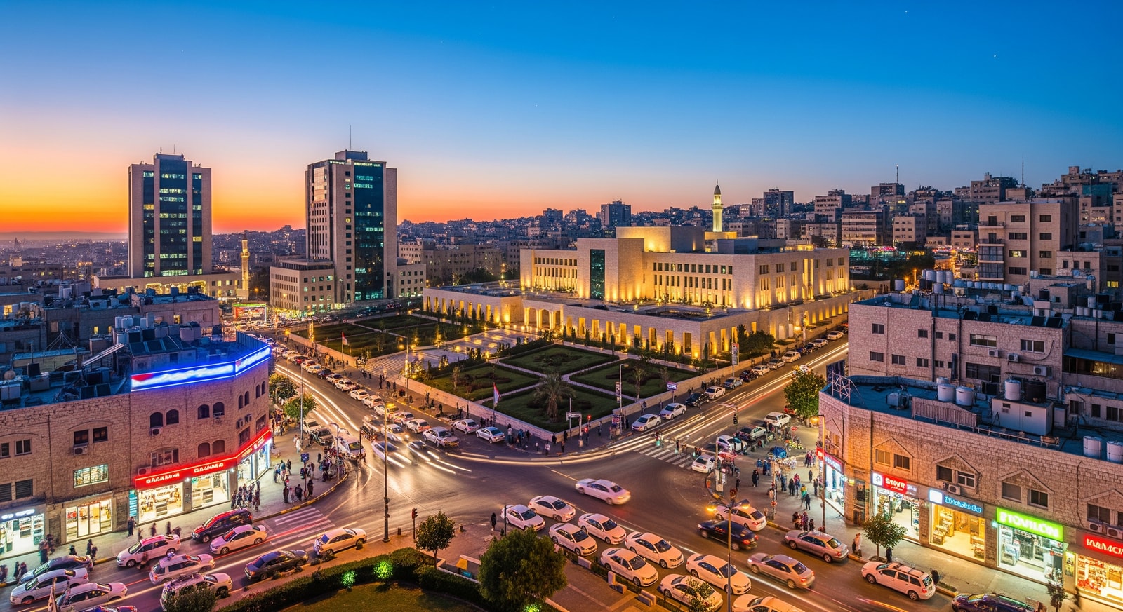 Modern downtown Ramallah cityscape with the Muqataa presidential compound and bustling streets