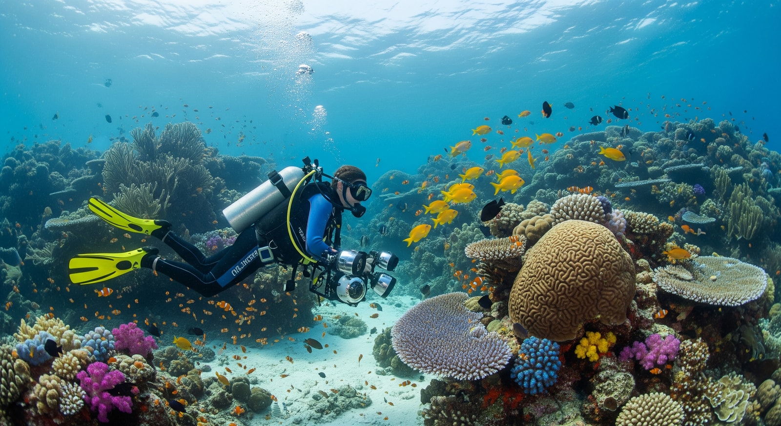 Scuba diver exploring colorful coral reef with tropical fish at Kimbe Bay marine sanctuary