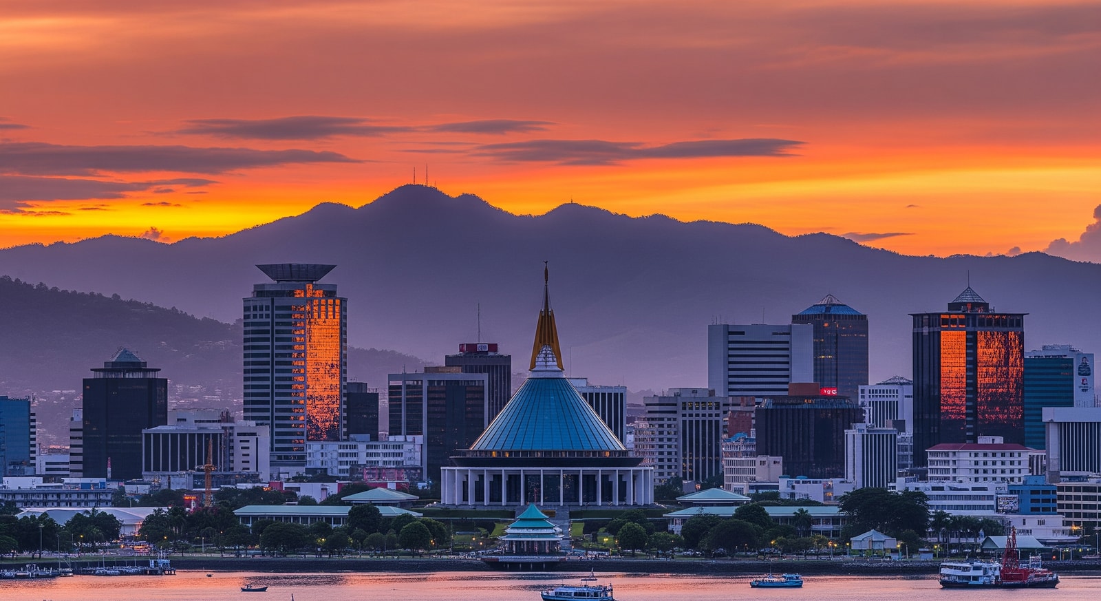 Modern Port Moresby skyline with Parliament House and tropical mountains in the background at sunset
