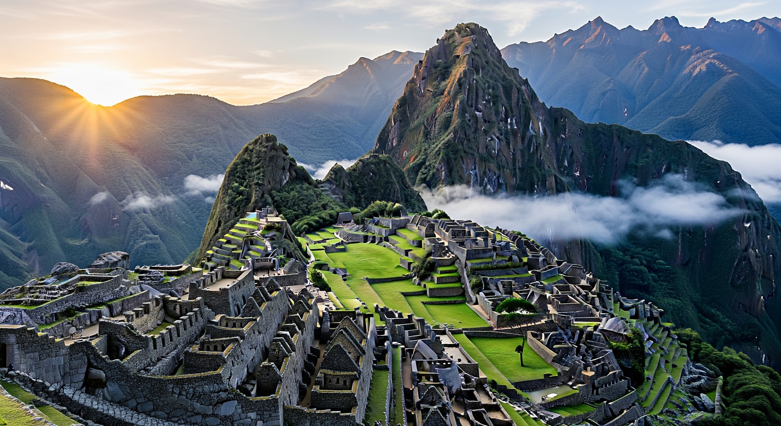 Panoramic view of the ancient Incan citadel of Machu Picchu with terraces and mountain peaks shrouded in clouds
