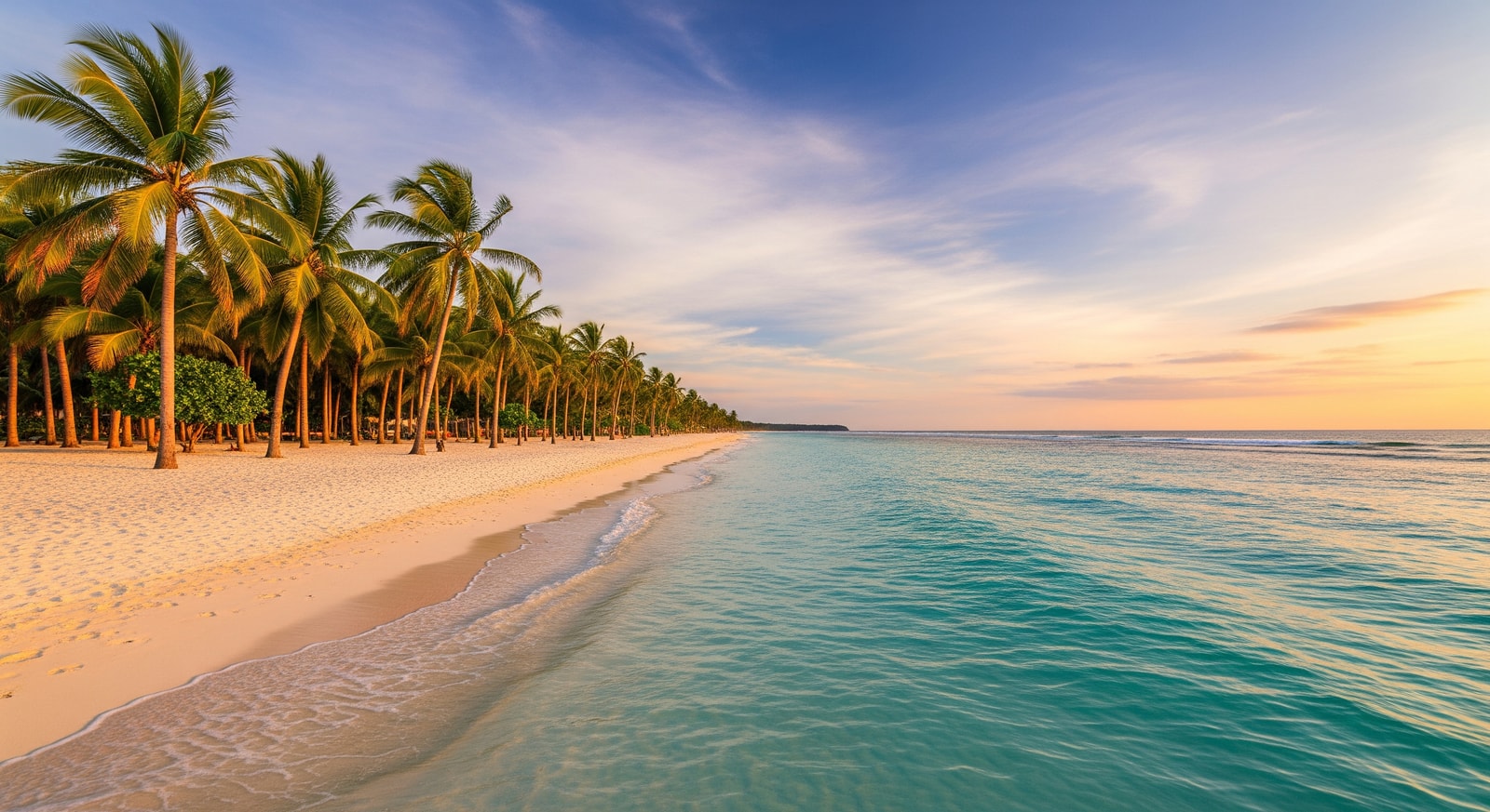 White sand beach of Boracay with crystal clear turquoise water and palm trees swaying in the breeze