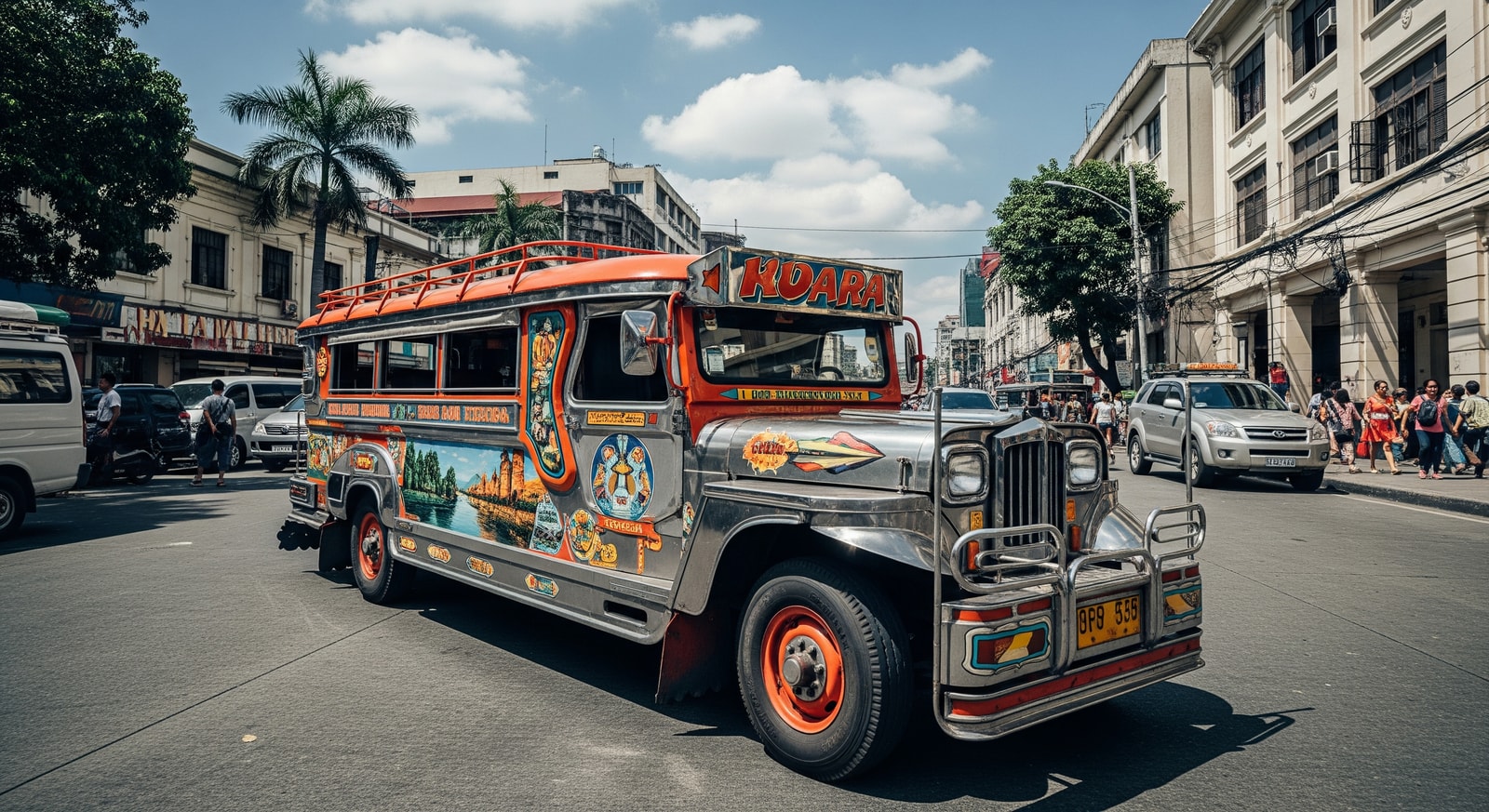 Traditional Filipino jeepney decorated with colorful artwork parked on a street in Manila
