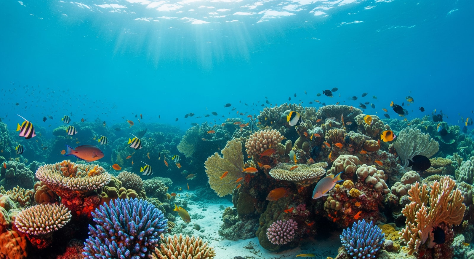 Crystal clear waters of the Pitcairn Islands Marine Reserve with colorful coral reef and tropical fish