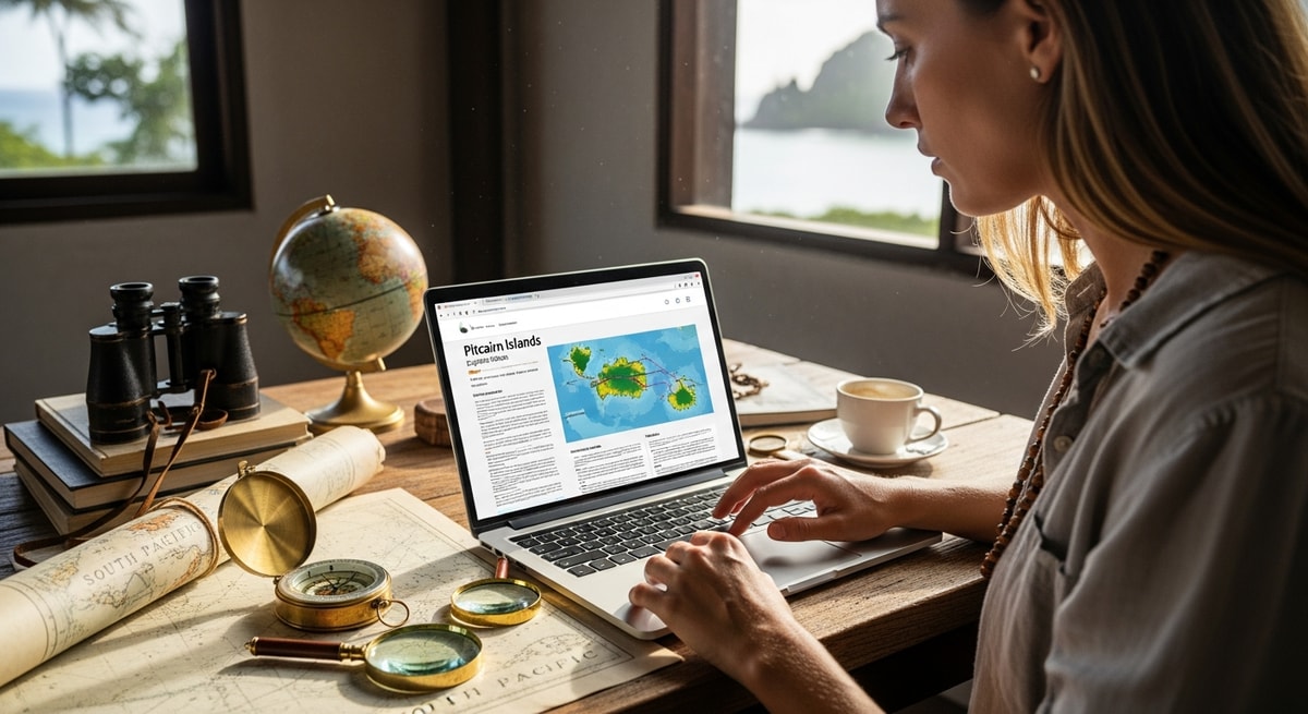 Traveler researching Pitcairn Islands expedition on laptop with nautical maps and compass