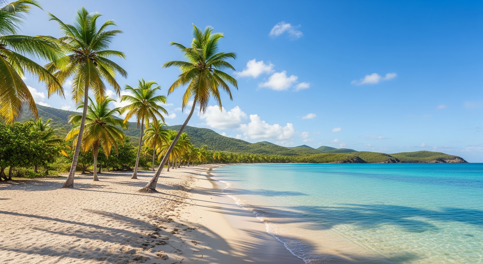 Pristine white sand beach with swaying palm trees and crystal-clear turquoise Caribbean waters at Flamenco Beach