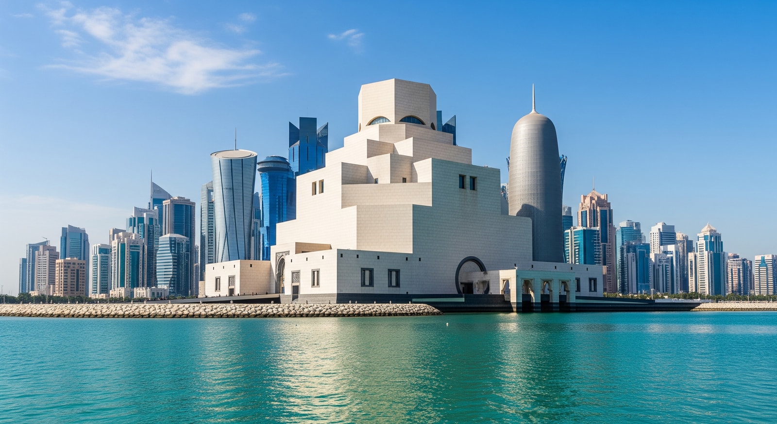 The iconic Museum of Islamic Art in Doha designed by I.M. Pei with its geometric architecture against the West Bay skyline