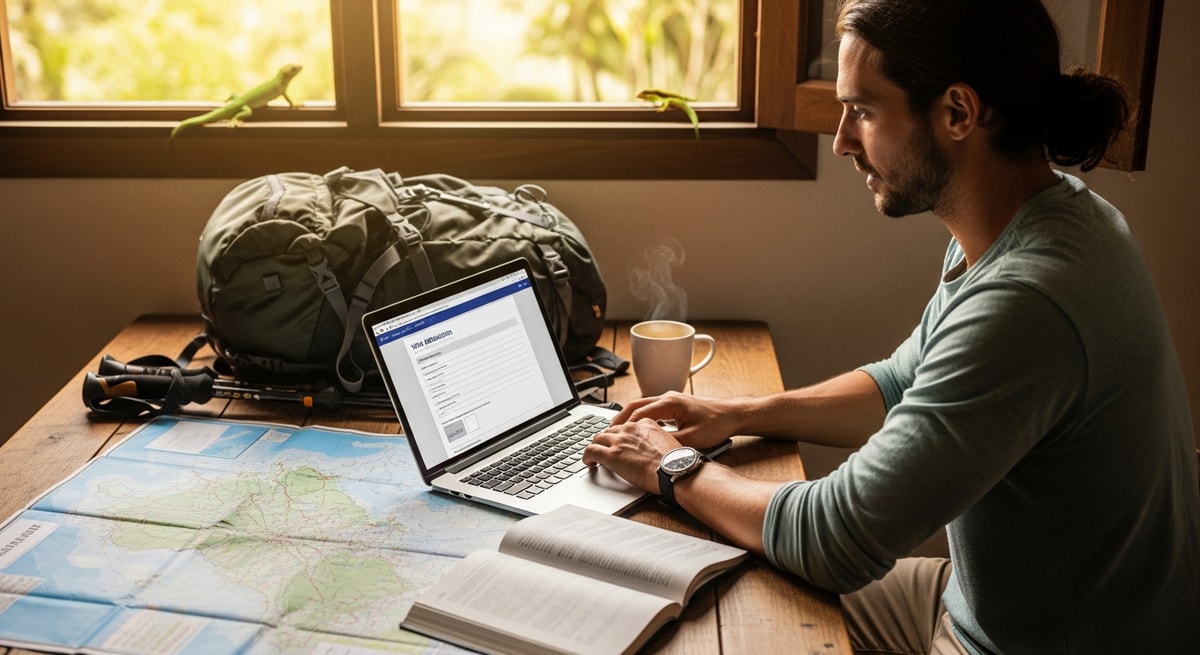 Traveler planning Réunion hiking adventure while completing visa application on laptop
