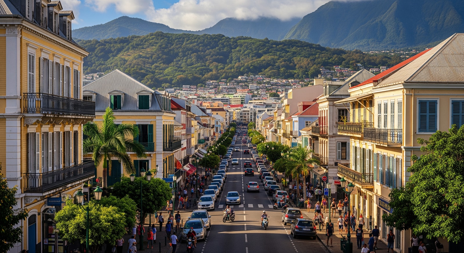 Colonial architecture and bustling streets of Saint-Denis, the capital city of Réunion Island