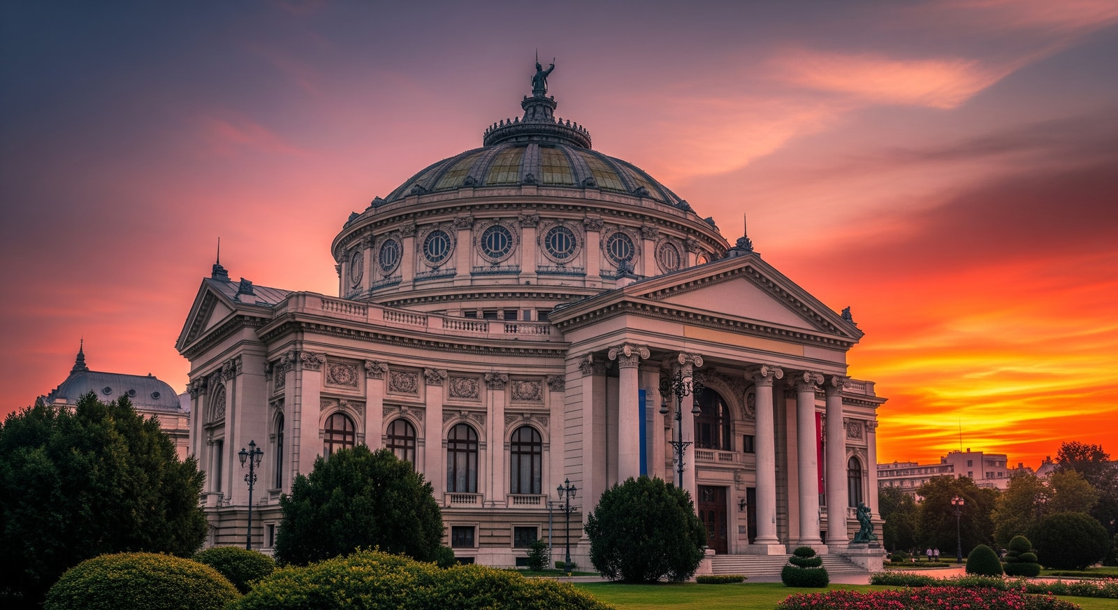 Romanian Athenaeum concert hall in Bucharest with its neoclassical architecture and ornate dome at sunset