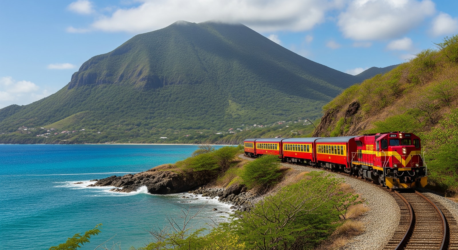 St. Kitts Scenic Railway train traveling along the coastline with Mount Liamuiga in the background