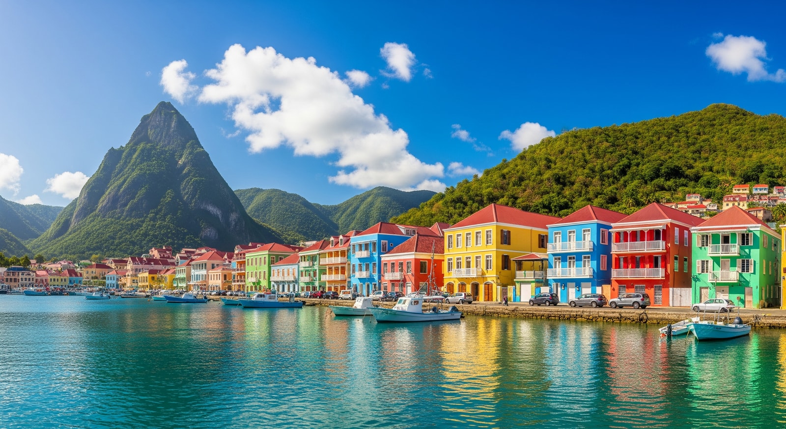 Colorful waterfront buildings in Soufriere with Petit Piton mountain in the background