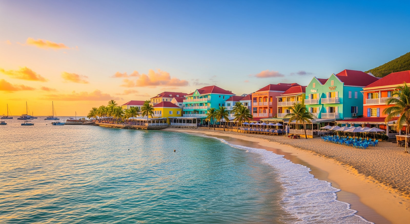 Beachfront restaurants and colorful buildings lining the shore at Grand Case, Saint Martin