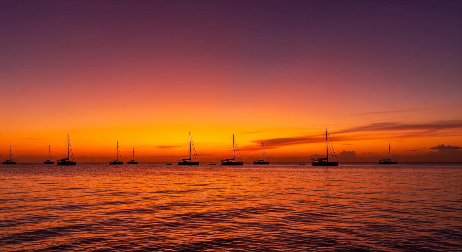Spectacular Caribbean sunset with sailboats silhouetted against orange and purple sky near Marigot